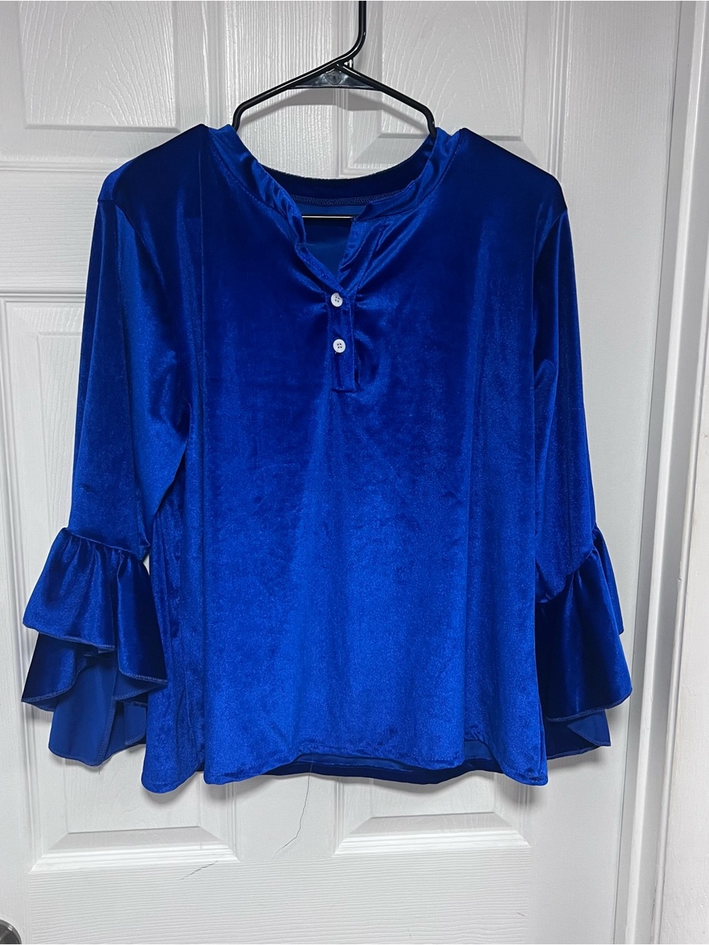 Women's Royal Blue Velvet Henley Blouse with Ruffle Sleeves Size M